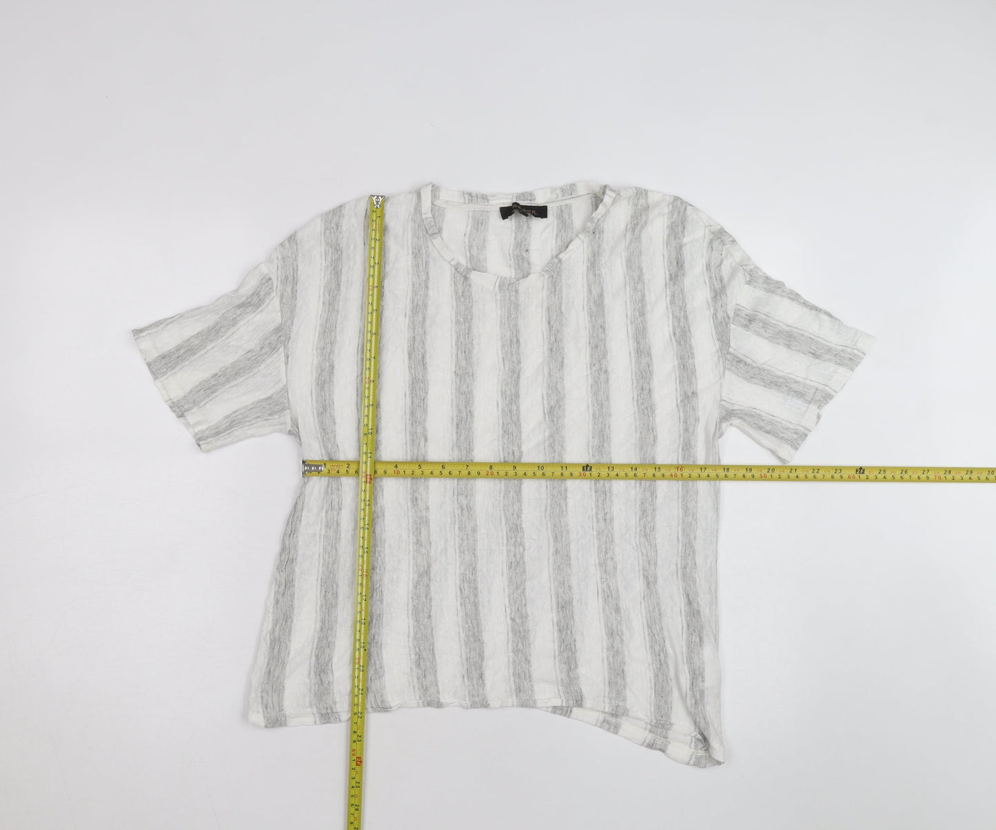 Jaeger Men Grey White Striped Linen Blend Short Sleeve T-Shirt M