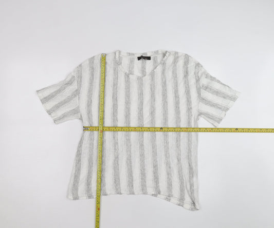 Jaeger Men Grey White Striped Linen Blend Short Sleeve T-Shirt M