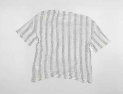 Jaeger Men Grey White Striped Linen Blend Short Sleeve T-Shirt M