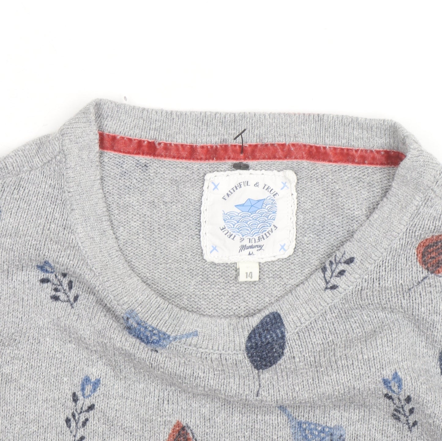 Mantaray Women Grey Bird Print Jumper Size 14 Crew Neck Knit
