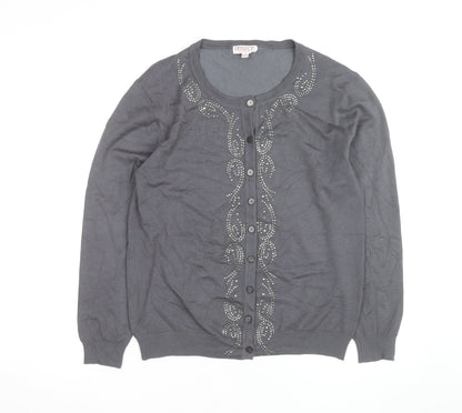 Reflect Grey Rhinestone Crew Neck L Cardigan Knit Jumper