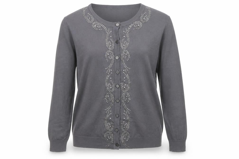 Front view of Reflect Grey Rhinestone Crew Neck L Cardigan Knit Jumper