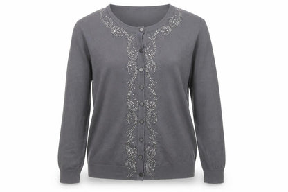 Front view of Reflect Grey Rhinestone Crew Neck L Cardigan Knit Jumper