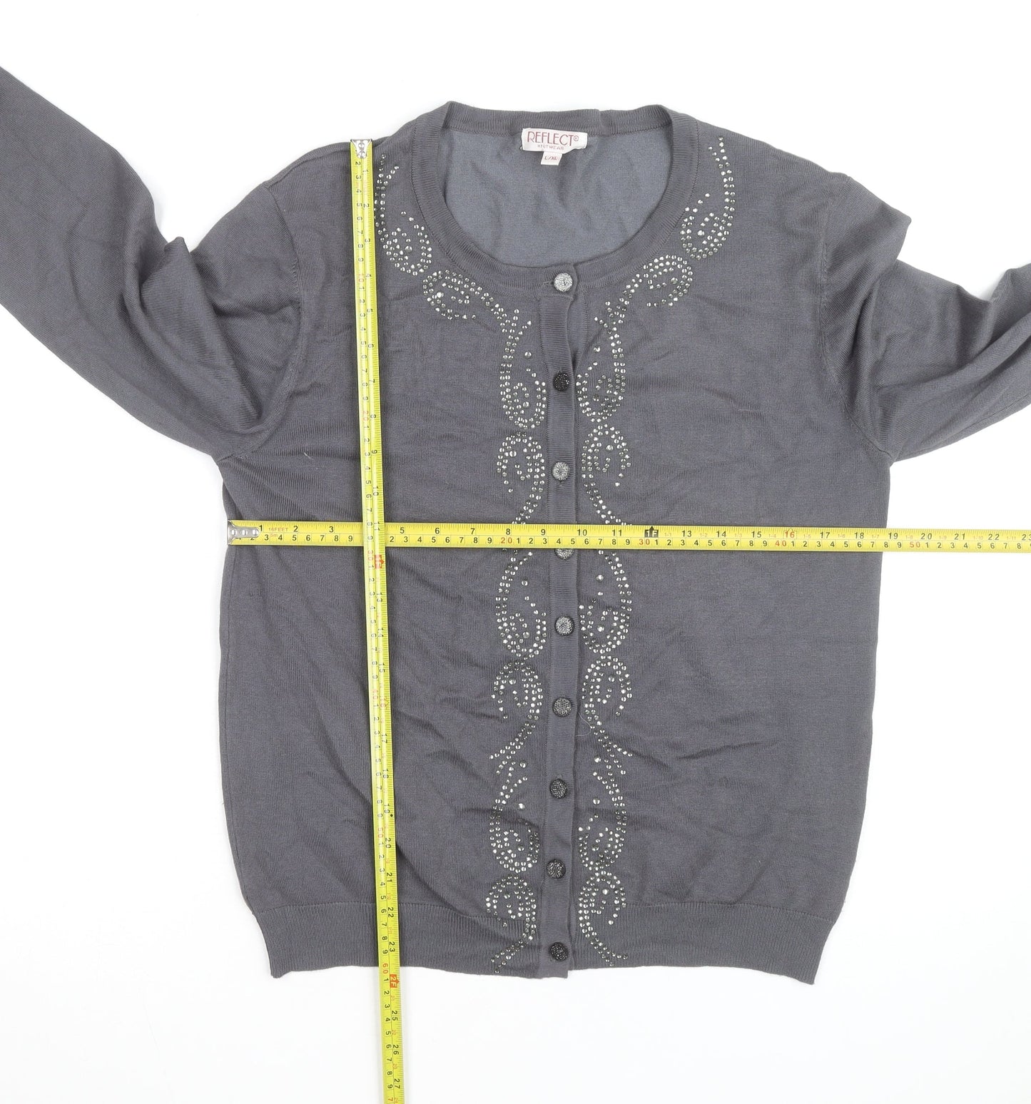 Reflect Grey Rhinestone Crew Neck L Cardigan Knit Jumper