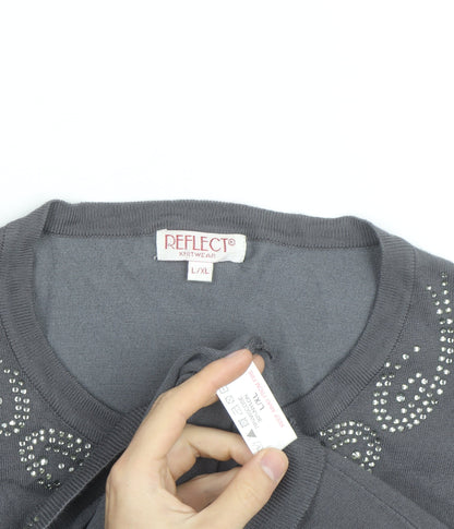 Reflect Grey Rhinestone Crew Neck L Cardigan Knit Jumper