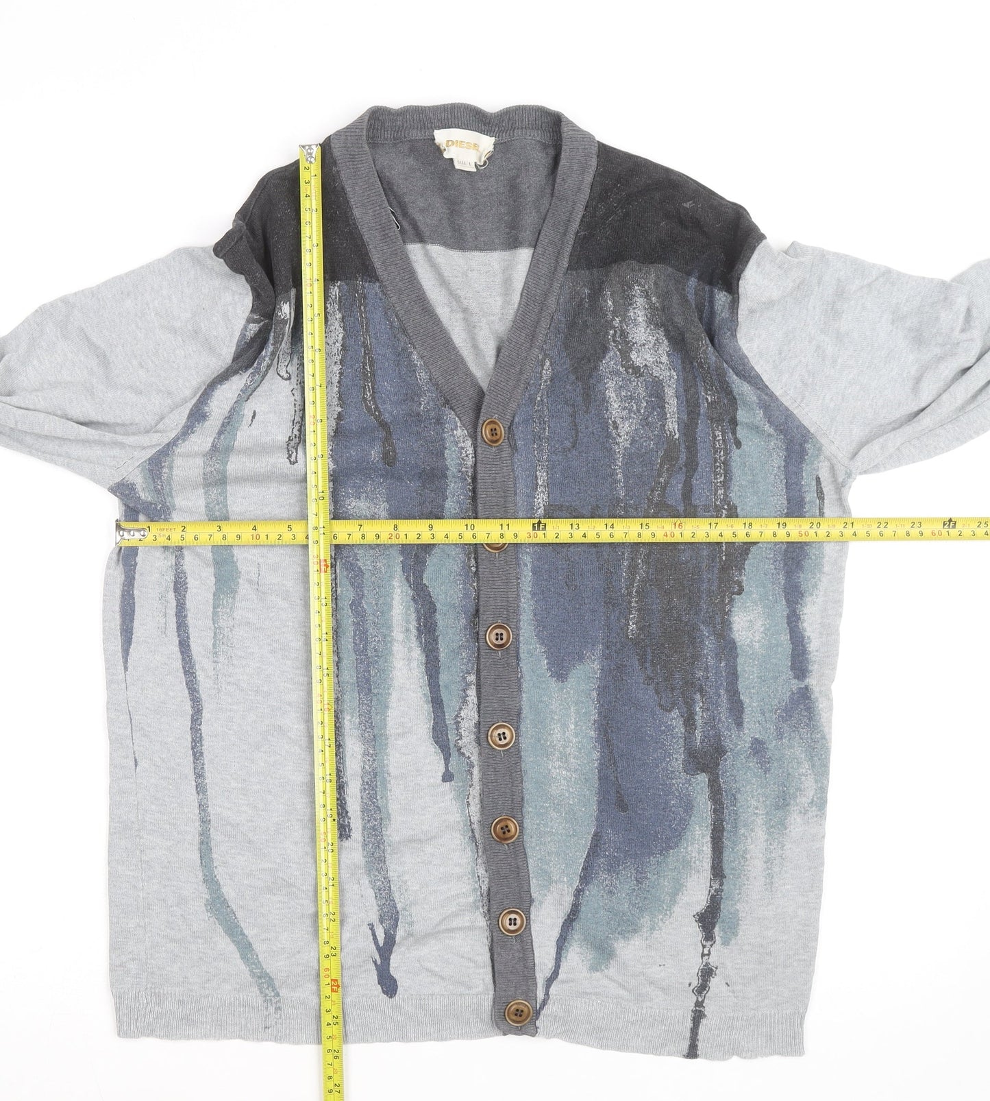 Diesel Men’s Grey Cotton Cardigan L Graphic V-Neck Long Sleeve