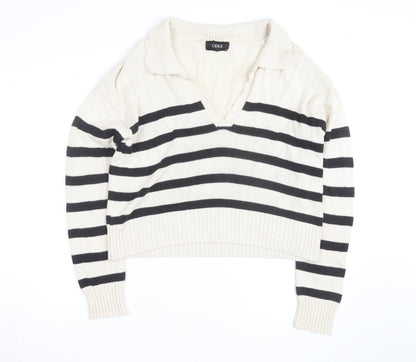 Cider Women's Beige Black Striped V-Neck Knit Jumper M