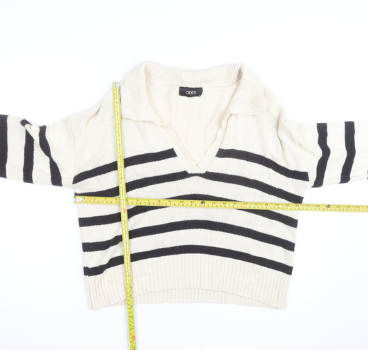 Cider Women's Beige Black Striped V-Neck Knit Jumper M