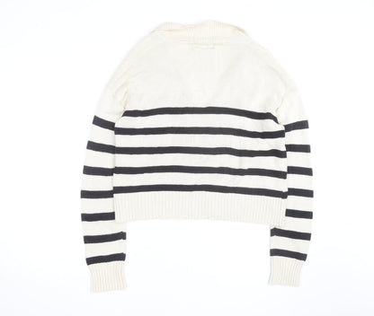 Cider Women's Beige Black Striped V-Neck Knit Jumper M