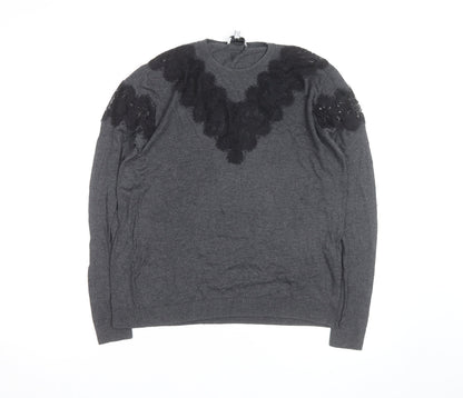 Warehouse Women Grey Lace Detail Crew Neck Jumper Size 10