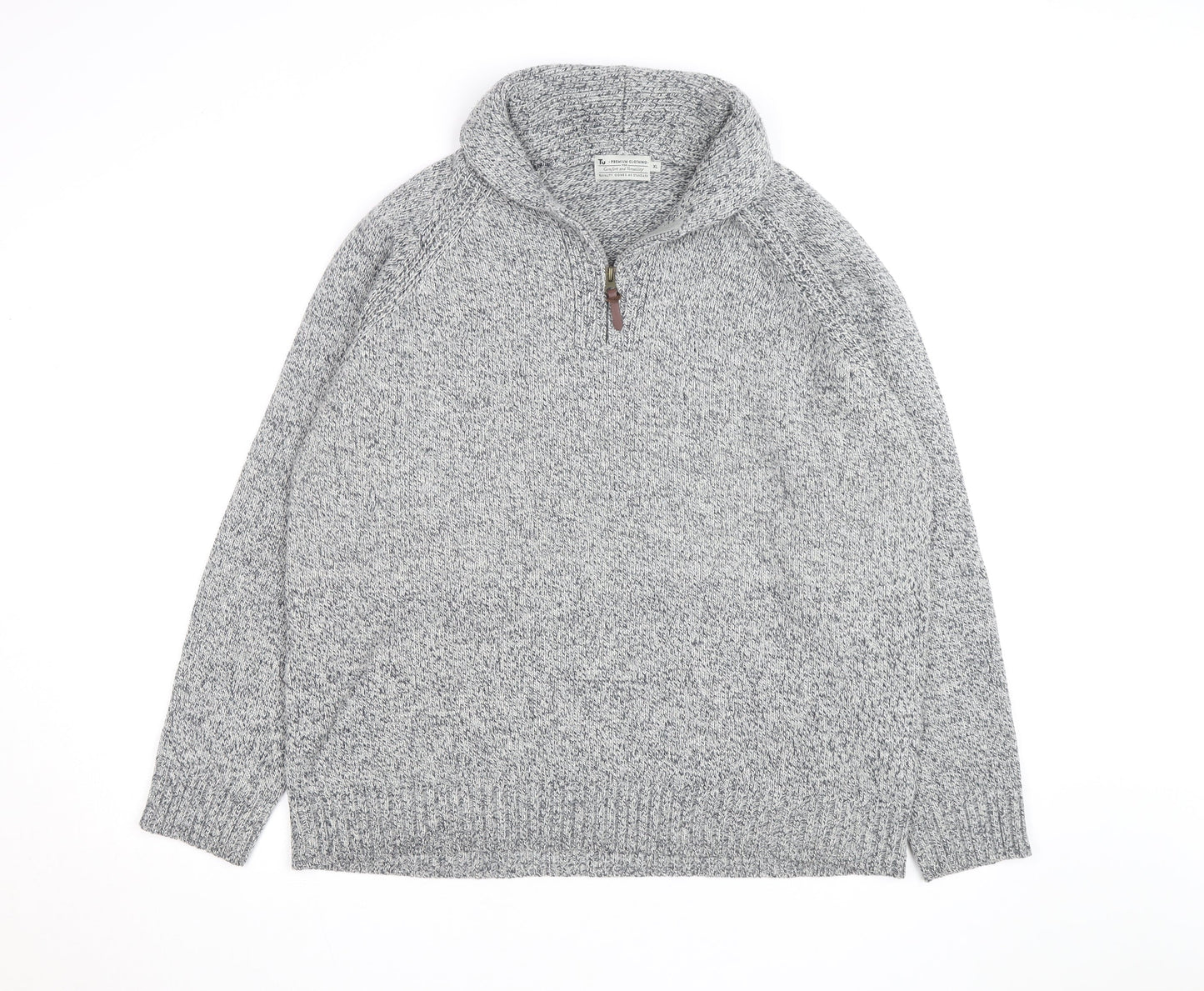 Tu Men's Grey XL 1/2 Zip Chunky Knit High Neck Jumper
