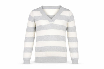 Gap Men's Grey Striped V-Neck Cotton Pullover Jumper Size M