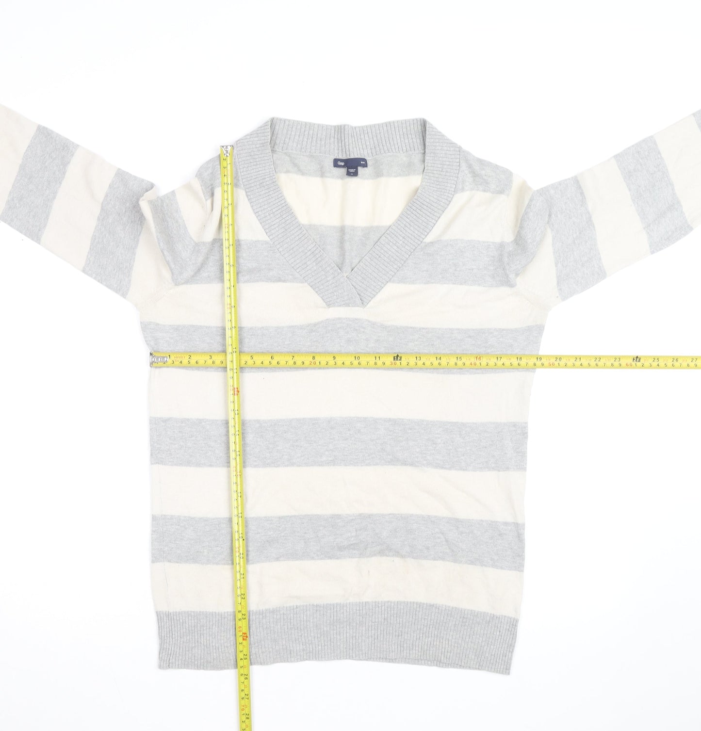 Gap Men's Grey Striped V-Neck Cotton Pullover Jumper Size M