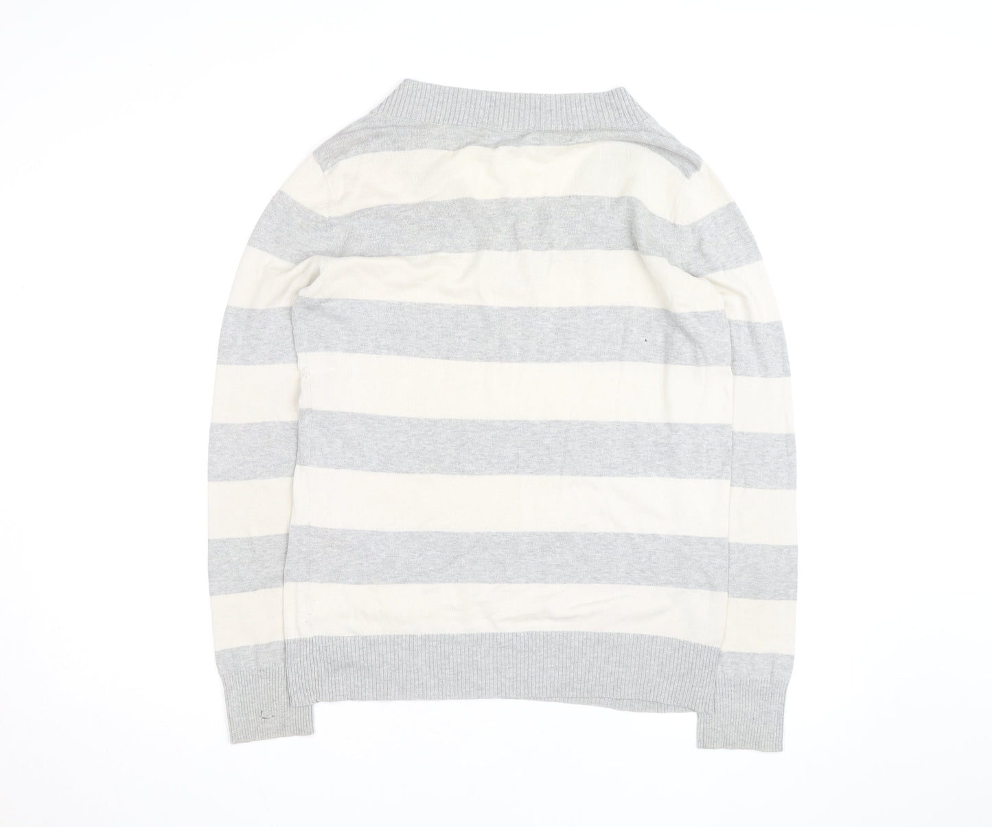 Gap Men's Grey Striped V-Neck Cotton Pullover Jumper Size M