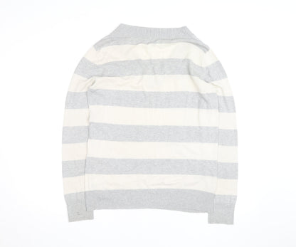 Gap Men's Grey Striped V-Neck Cotton Pullover Jumper Size M