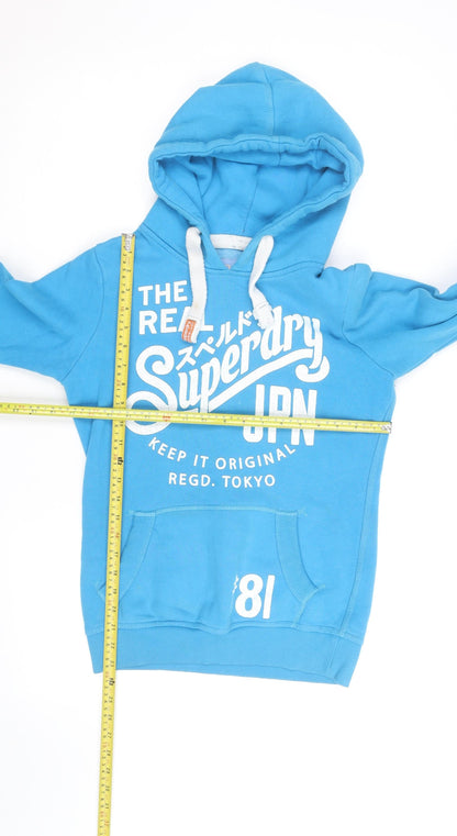 Superdry Men's Blue Pullover Hoodie Small Graphic Print Cotton Blend