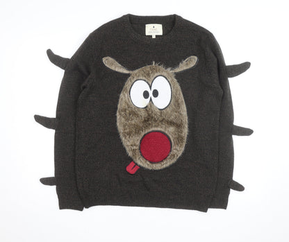 Next Men's Brown Reindeer Christmas Jumper M Crew Neck Pullover