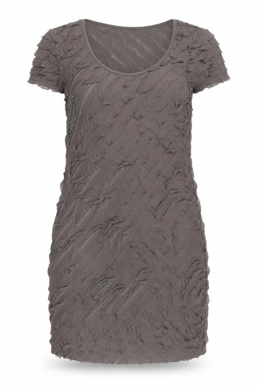 Front view of Soon Women’s Brown Ruffle Textured Short Sleeve Bodycon Dress, size UK 16