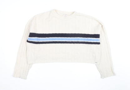Pull&Bear Teens Ivory Striped Crew Neck Knit Jumper Size M