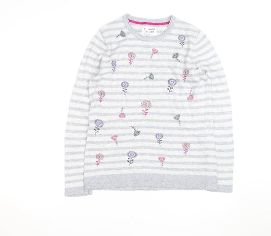 Mantaray Women Grey Floral Striped Pullover Jumper Size 14