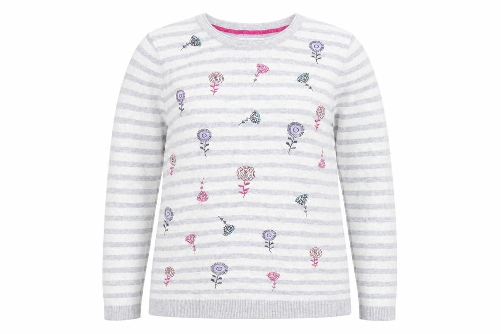 Mantaray Women Grey Floral Striped Pullover Jumper Size 14