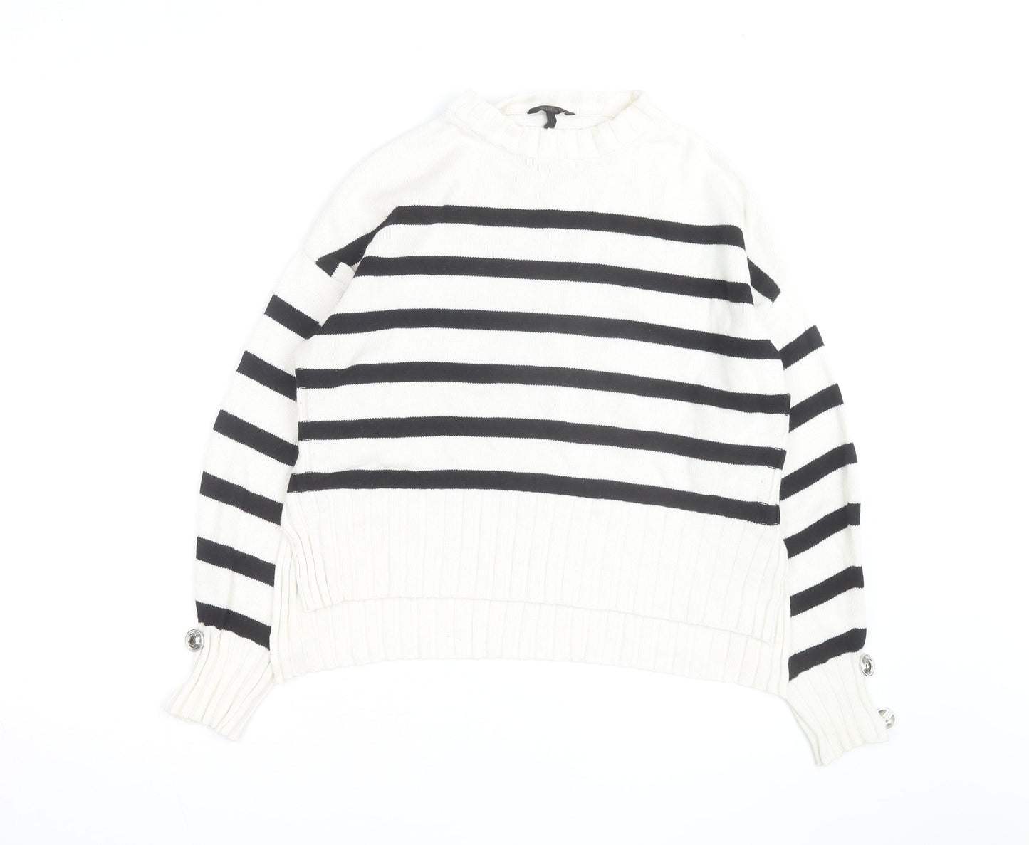 Guess Womens White Black Striped Crew Neck Cotton Jumper XS