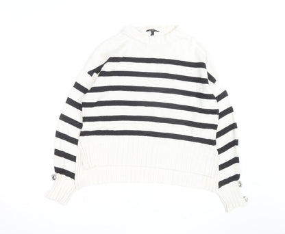 Guess Womens White Black Striped Crew Neck Cotton Jumper XS