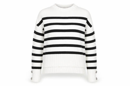 Front view of Guess women’s white black striped crew neck cotton jumper xs