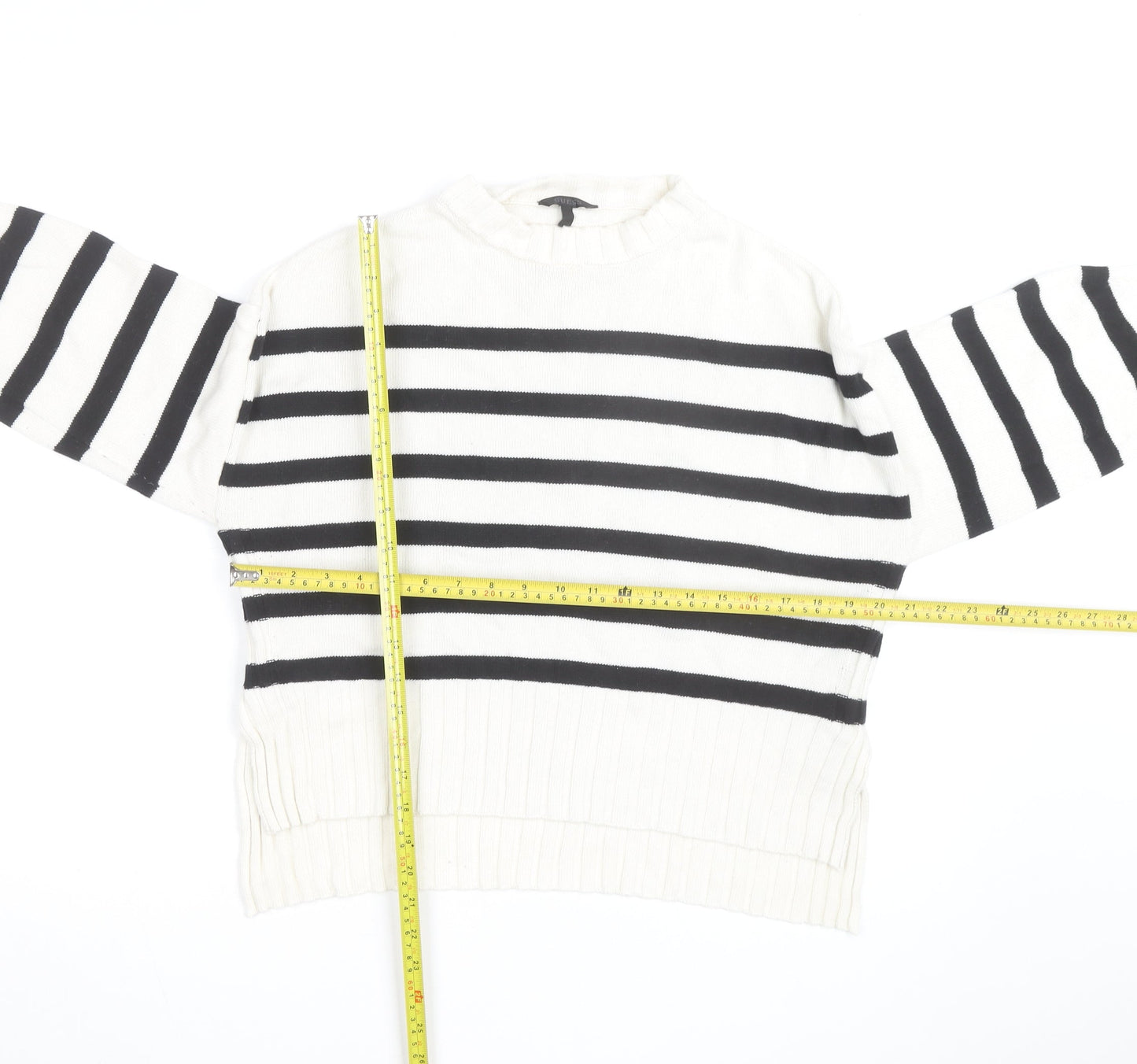 Guess Womens White Black Striped Crew Neck Cotton Jumper XS