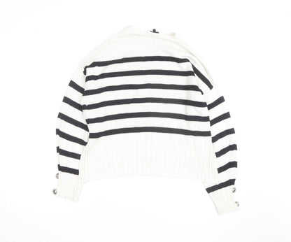Guess Womens White Black Striped Crew Neck Cotton Jumper XS