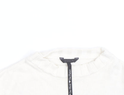 Guess Womens White Black Striped Crew Neck Cotton Jumper XS