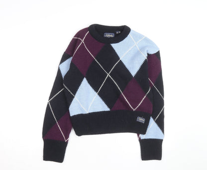 Superdry Women’s Multicoloured Argyle Knit Jumper UK 12 Crew Neck
