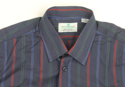 Greenwoods Mens Blue Striped Long Sleeve Button-Up Shirt Size 15 Regular Fit