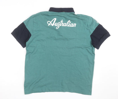 Australian Mens Green Colourblock Polo Shirt L Cotton Short Sleeve