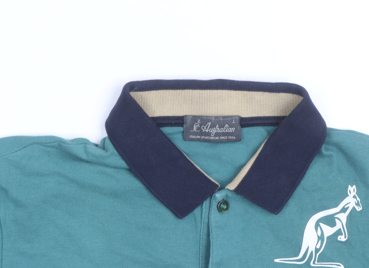 Australian Mens Green Colourblock Polo Shirt L Cotton Short Sleeve