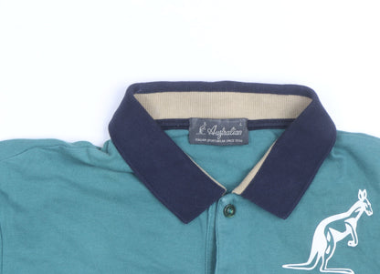 Australian Mens Green Colourblock Polo Shirt L Cotton Short Sleeve