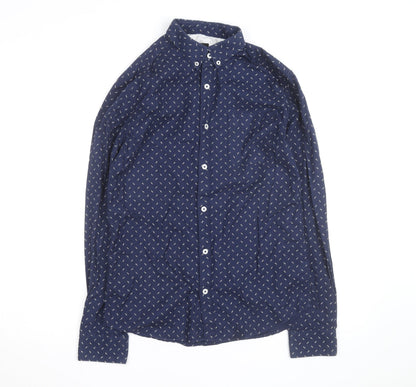 Burton Menswear London Men's Blue Geometric Long Sleeve Button-Up Shirt Size S
