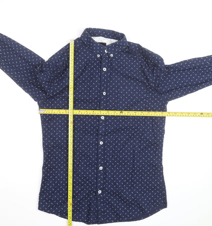Burton Menswear London Men's Blue Geometric Long Sleeve Button-Up Shirt Size S