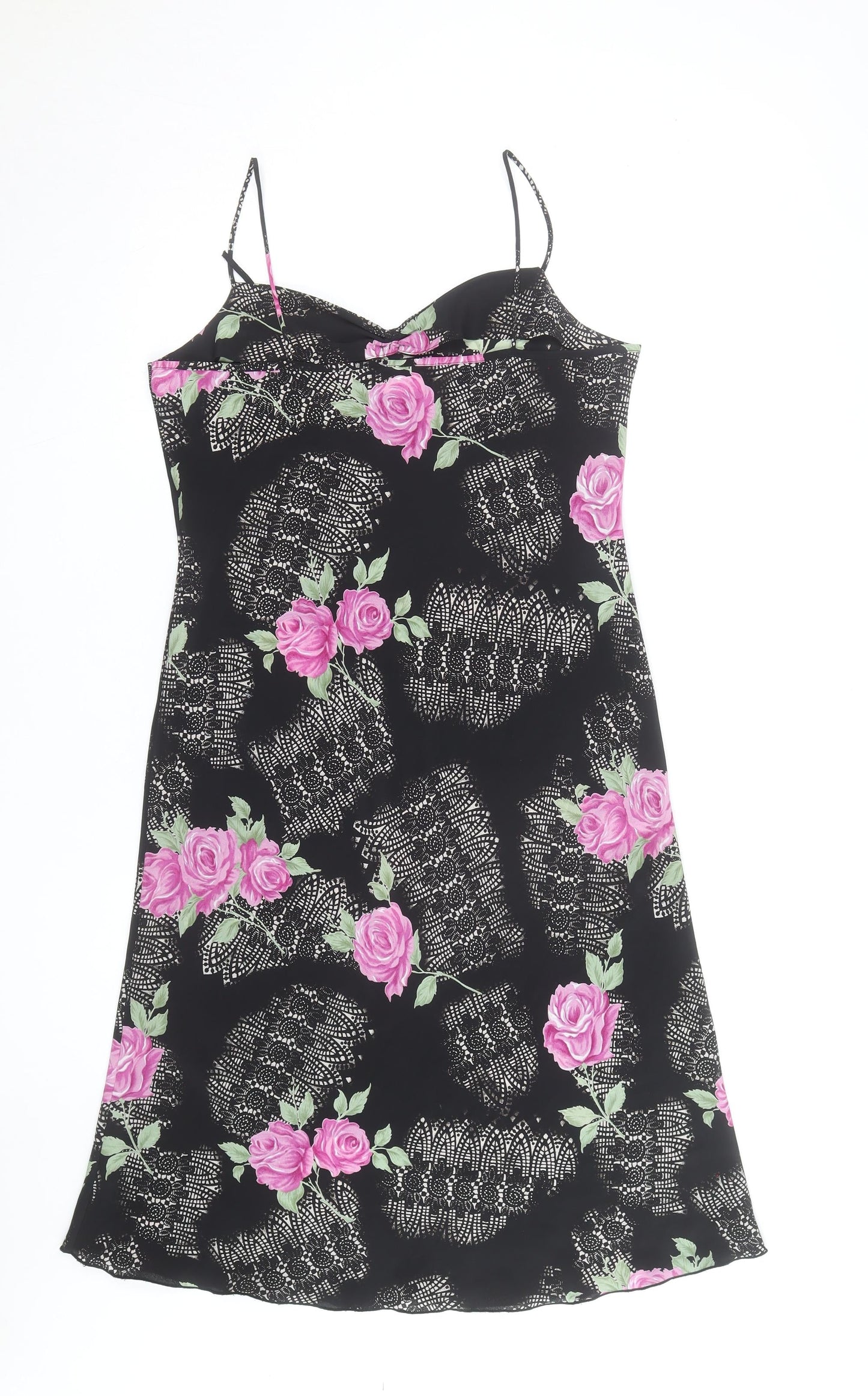 Ladies Women Black Floral Slip Dress Size 14 Sleeveless Summer