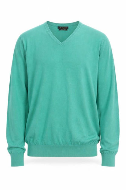 Massimo Dutti Men's Green Cotton V-Neck Jumper Size M