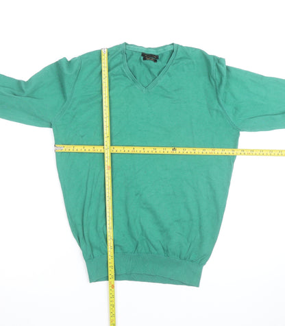 Massimo Dutti Men's Green Cotton V-Neck Jumper Size M