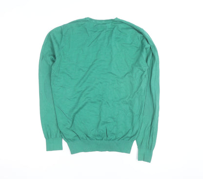 Massimo Dutti Men's Green Cotton V-Neck Jumper Size M