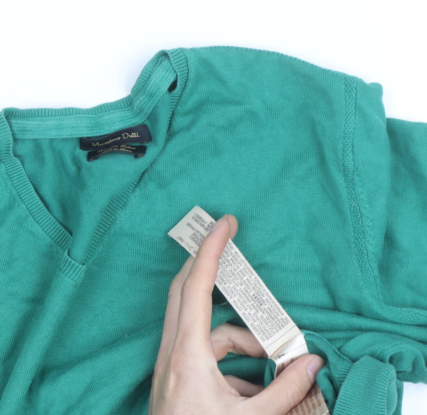 Massimo Dutti Men's Green Cotton V-Neck Jumper Size M