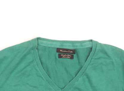 Massimo Dutti Men's Green Cotton V-Neck Jumper Size M