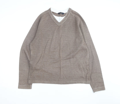 Marks and Spencer Blue Harbour Men Brown Cotton V-Neck Jumper Small