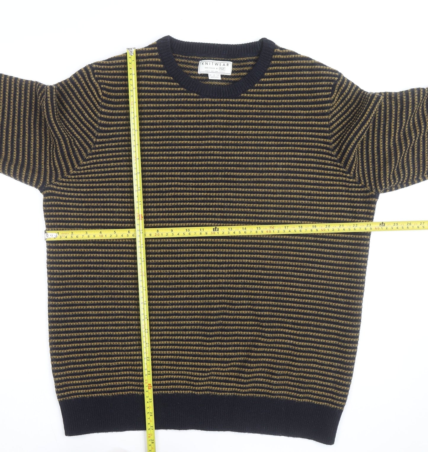 F&F Men’s Blue Striped Wool Blend Crew Neck Jumper Size M