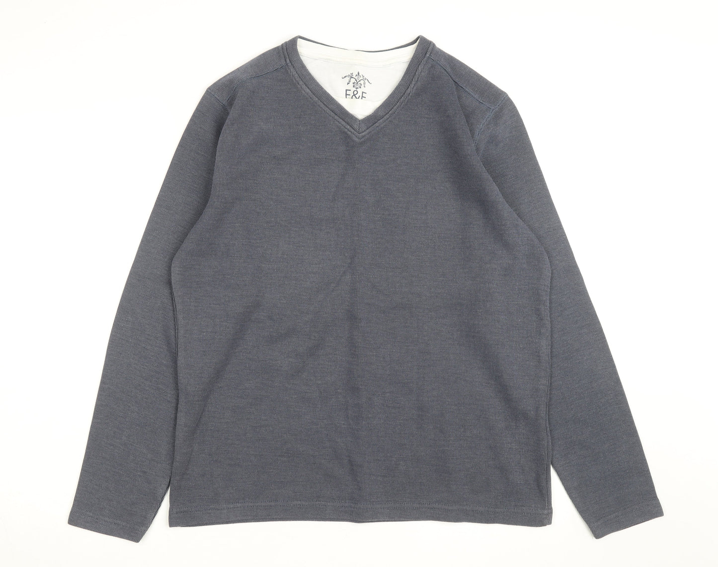 F&F Mens Grey V-Neck Long Sleeve Cotton Jumper Size M