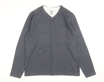 F&F Mens Grey V-Neck Long Sleeve Cotton Jumper Size M