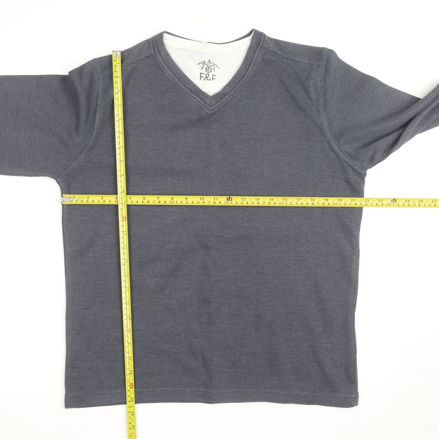 F&F Mens Grey V-Neck Long Sleeve Cotton Jumper Size M