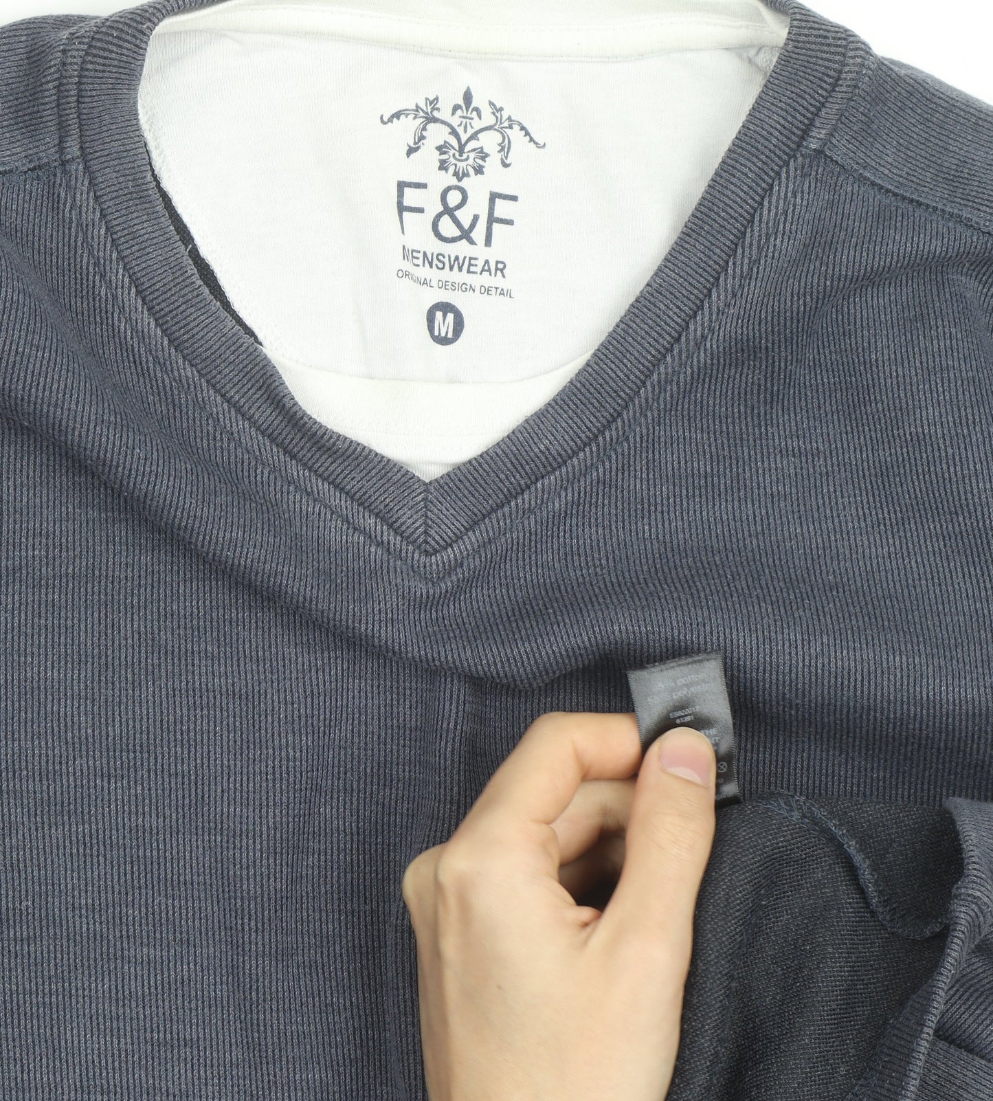 F&F Mens Grey V-Neck Long Sleeve Cotton Jumper Size M
